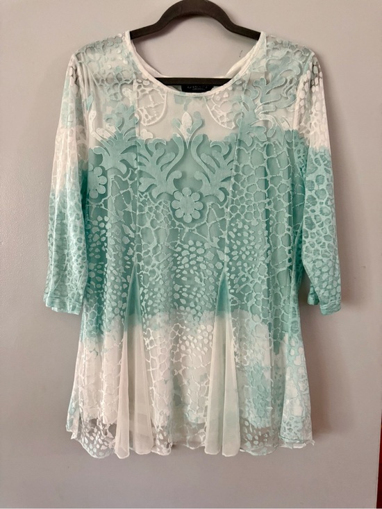 Reves Collection Tops - REVES COLLECTION Mint Green/Blue Ombre Lace Mesh Layered Tunic Blouse
